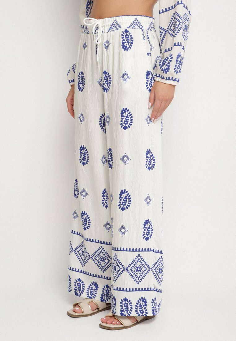 j&x Set Alb-Bleu în Stil Rustic Bluză Lejeră și Pantaloni din Viscoză Emilaris