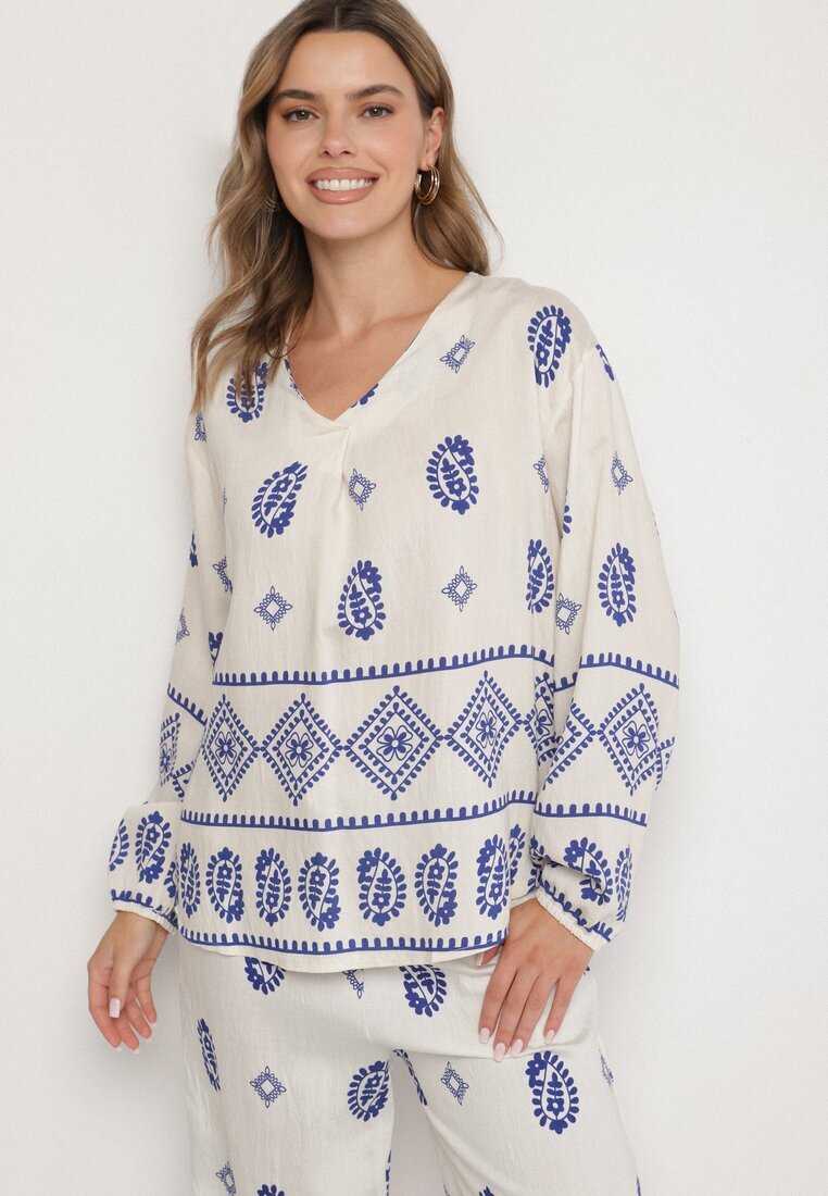 j&x Set Alb-Bleu în Stil Rustic Bluză Lejeră și Pantaloni din Viscoză Emilaris