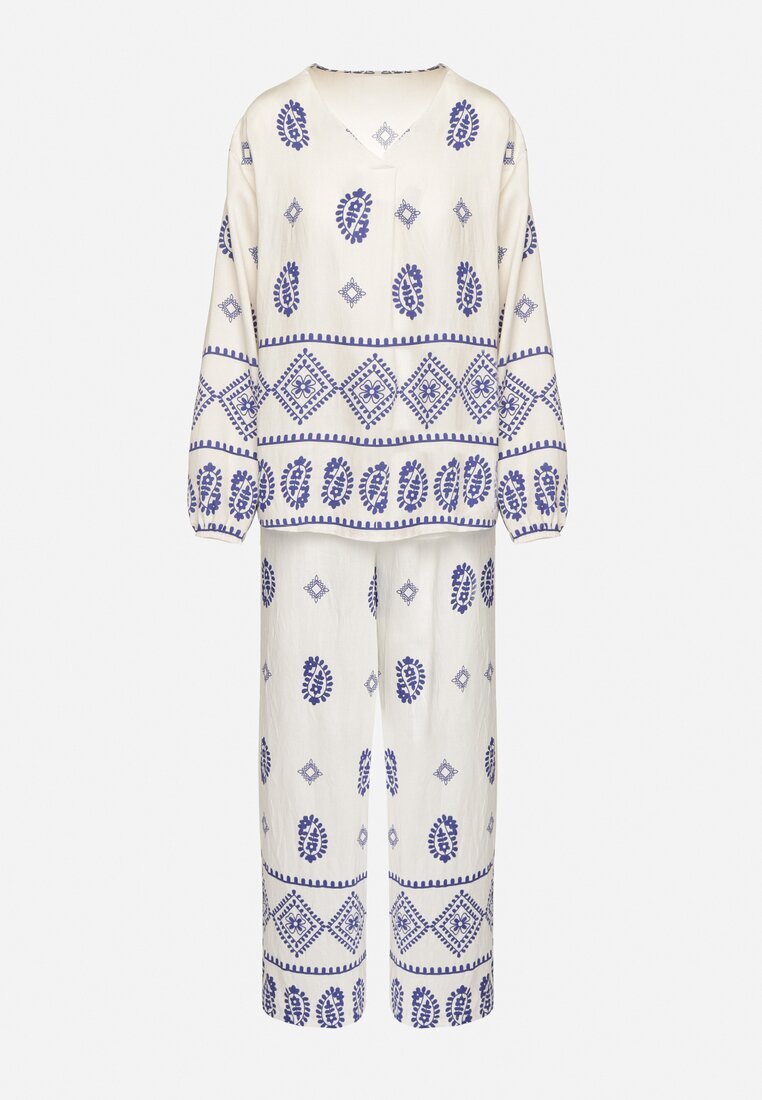 j&x Set Alb-Bleu în Stil Rustic Bluză Lejeră și Pantaloni din Viscoză Emilaris