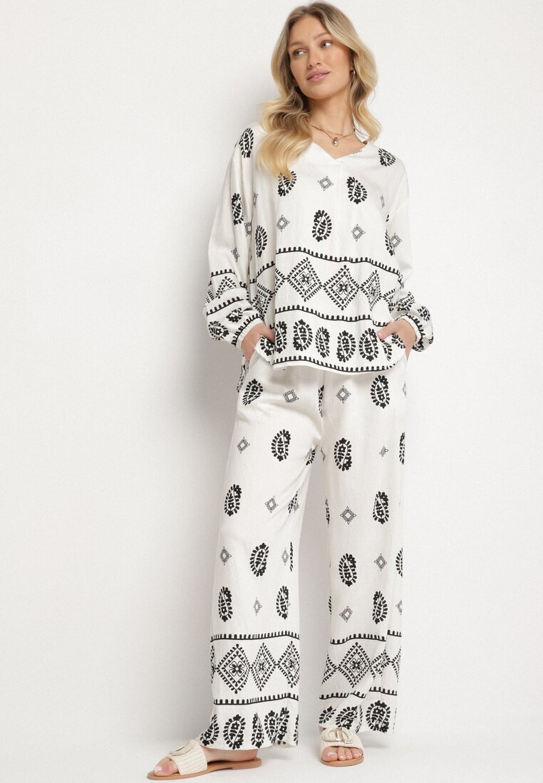 j&x Set Alb-Negru în Stil Rustic Bluză Lejeră și Pantaloni din Viscoză Emilaris