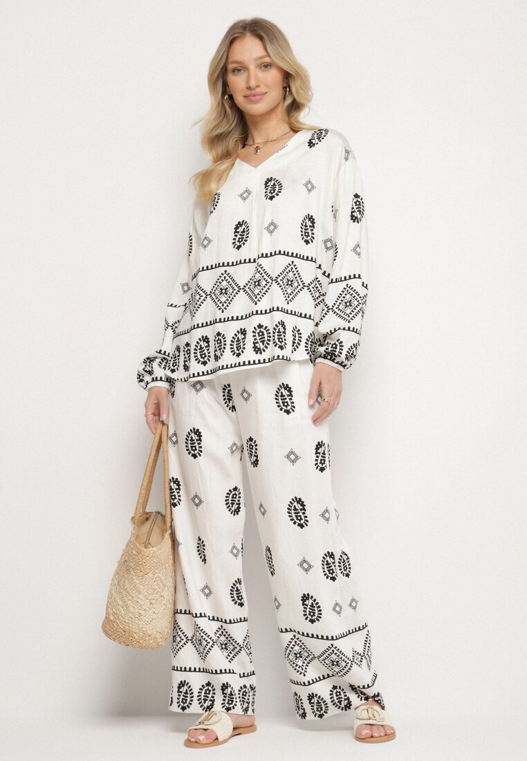 j&x Set Alb-Negru în Stil Rustic Bluză Lejeră și Pantaloni din Viscoză Emilaris