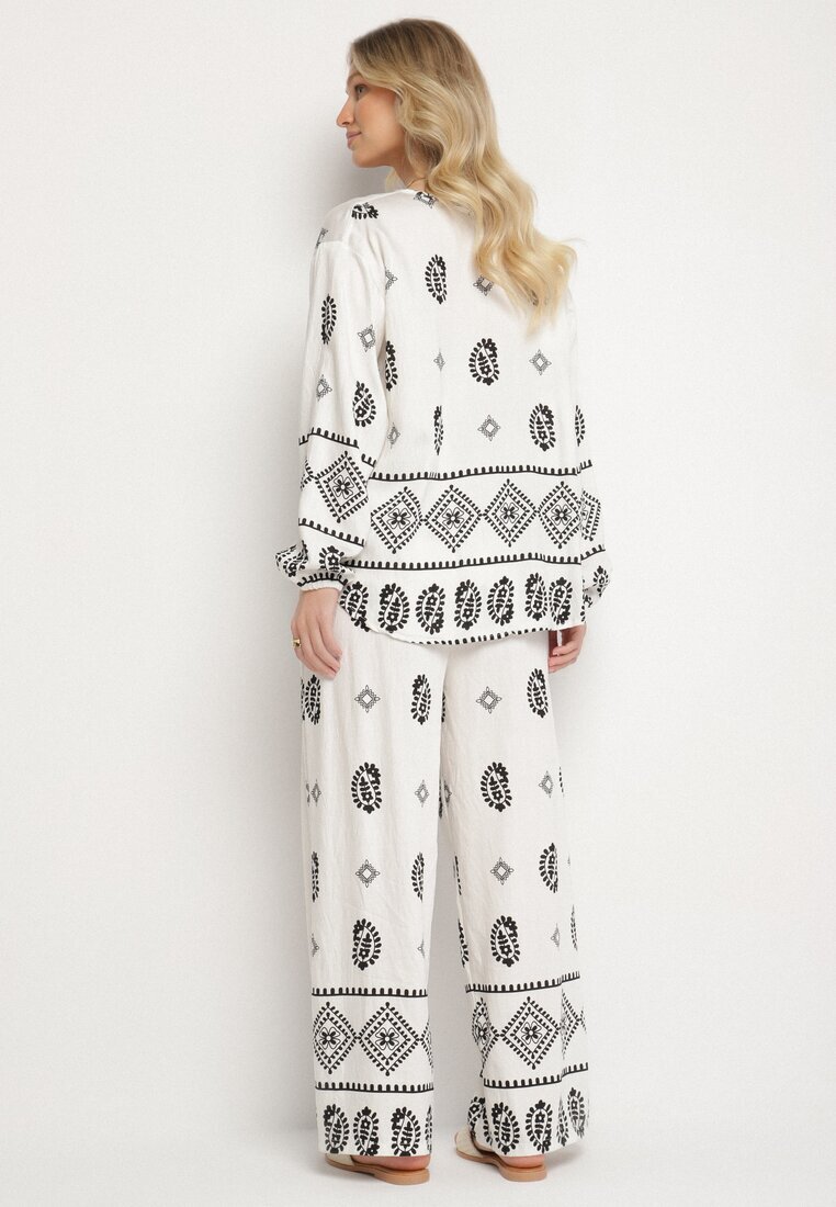 j&x Set Alb-Negru în Stil Rustic Bluză Lejeră și Pantaloni din Viscoză Emilaris