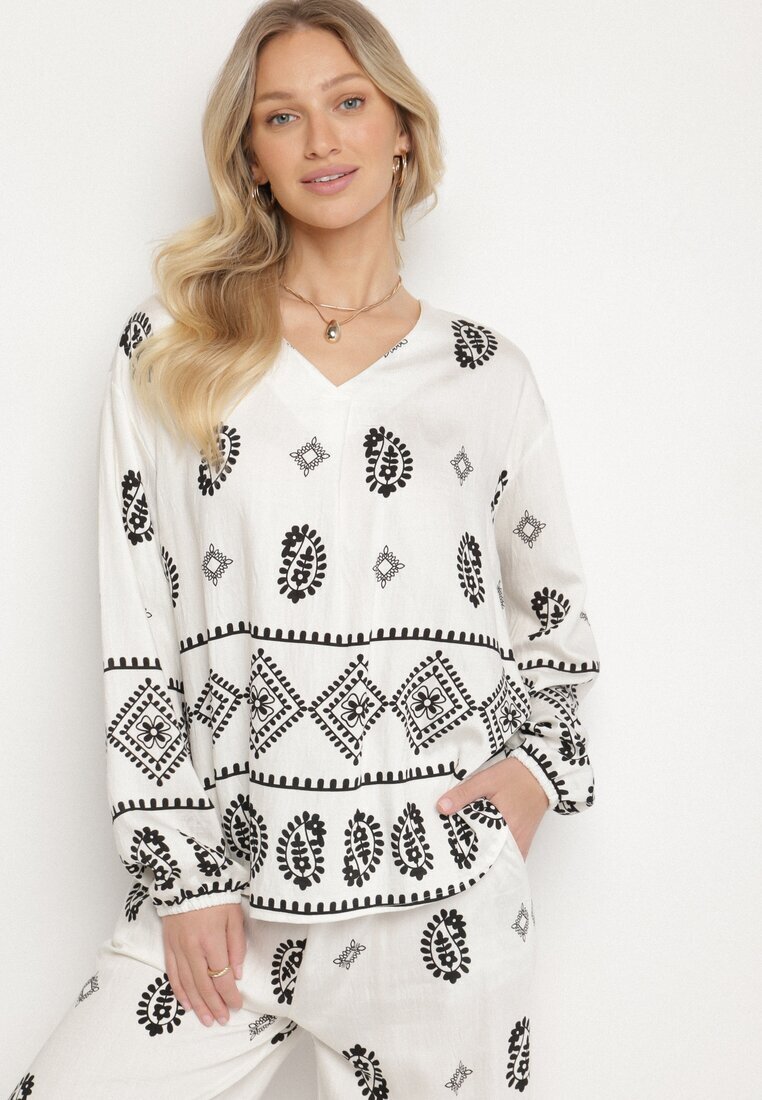 j&x Set Alb-Negru în Stil Rustic Bluză Lejeră și Pantaloni din Viscoză Emilaris