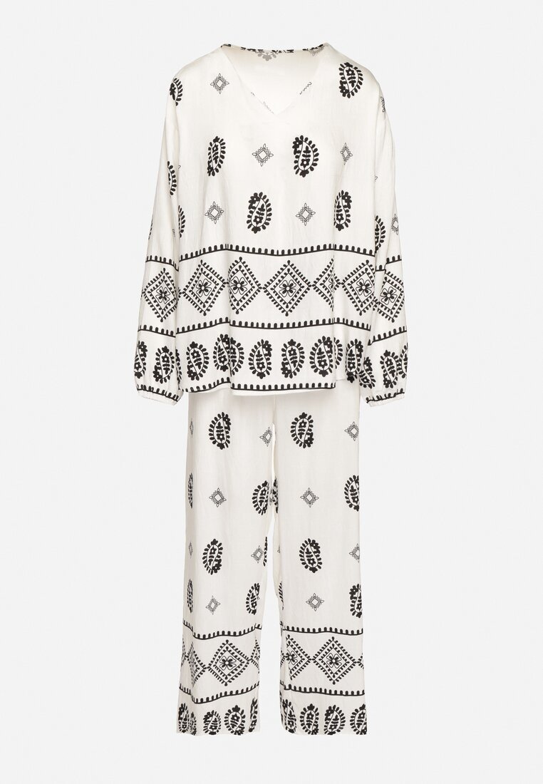 j&x Set Alb-Negru în Stil Rustic Bluză Lejeră și Pantaloni din Viscoză Emilaris