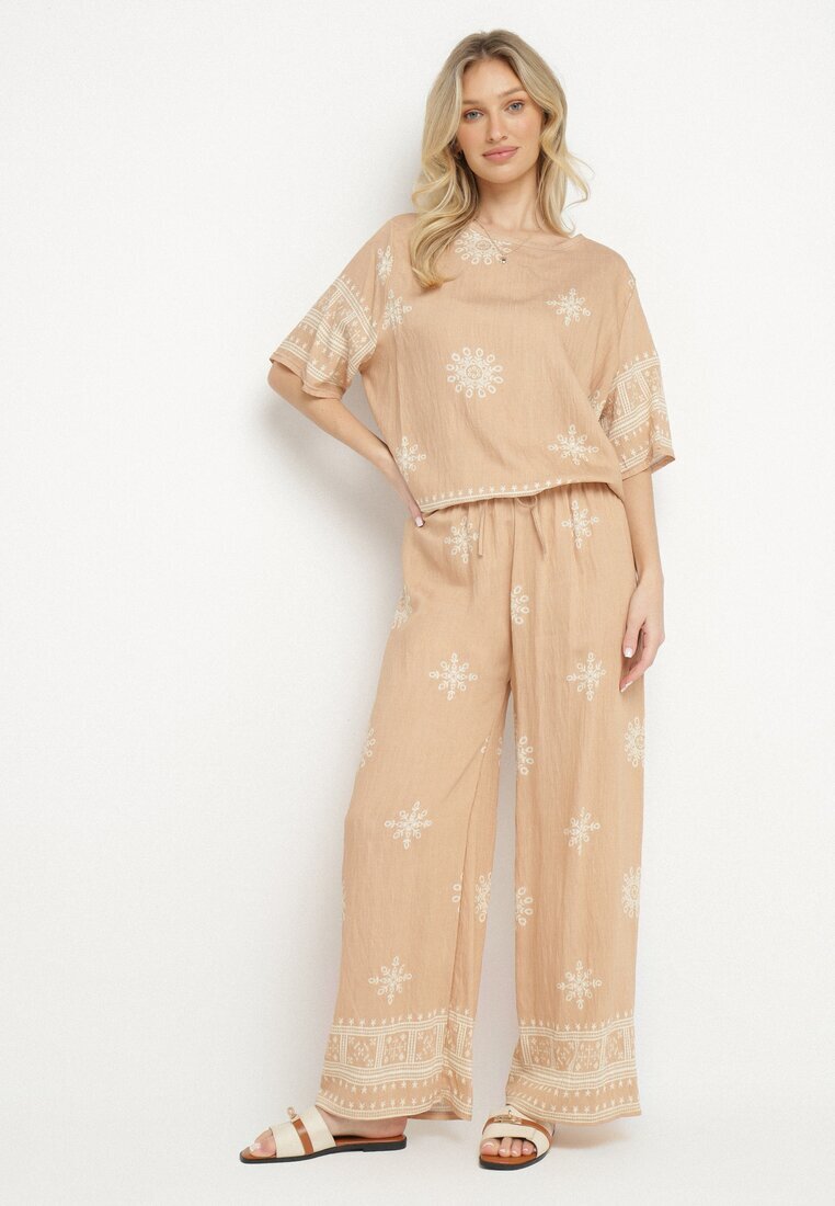 j&x Set bej cu viscoză în stil rustic Bluză și Pantaloni largi Ronilae