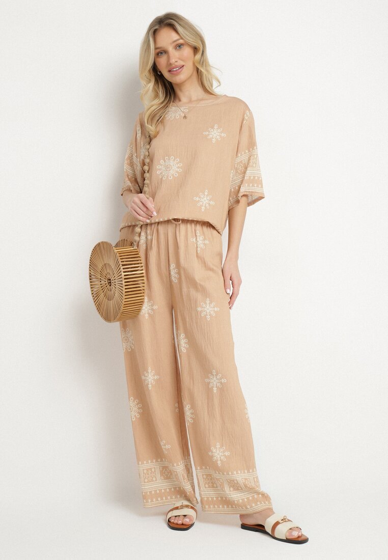 j&x Set bej cu viscoză în stil rustic Bluză și Pantaloni largi Ronilae