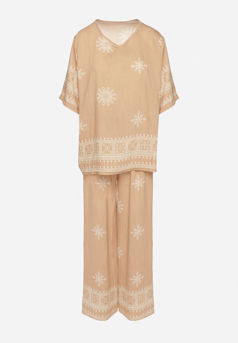 j&x Set bej cu viscoză în stil rustic Bluză și Pantaloni largi Ronilae