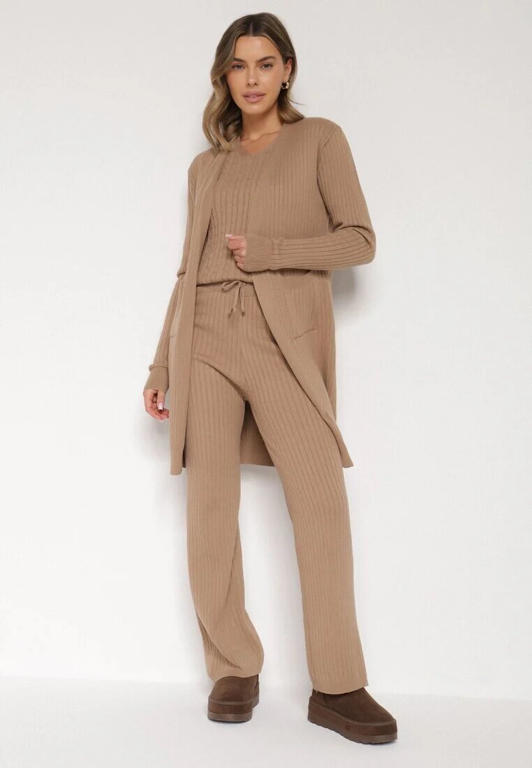 j&x Set Bej închis Tricotat cu Bumbac Pantaloni Vestă și Cardigan Lung Meviravia