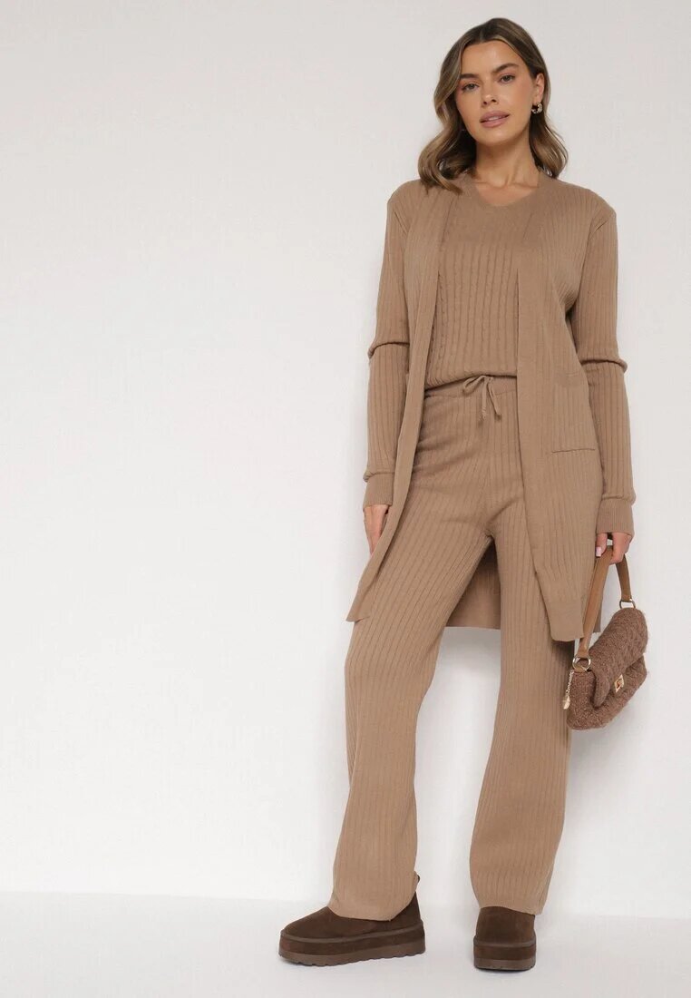 j&x Set Bej închis Tricotat cu Bumbac Pantaloni Vestă și Cardigan Lung Meviravia