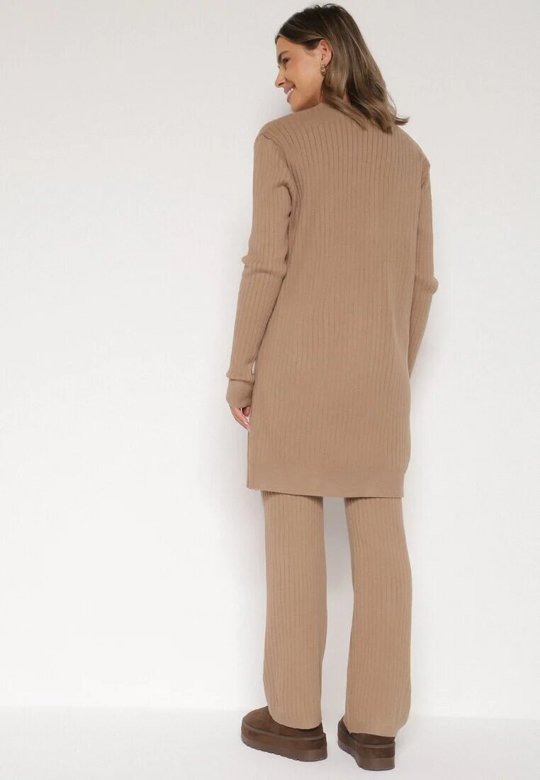 j&x Set Bej închis Tricotat cu Bumbac Pantaloni Vestă și Cardigan Lung Meviravia