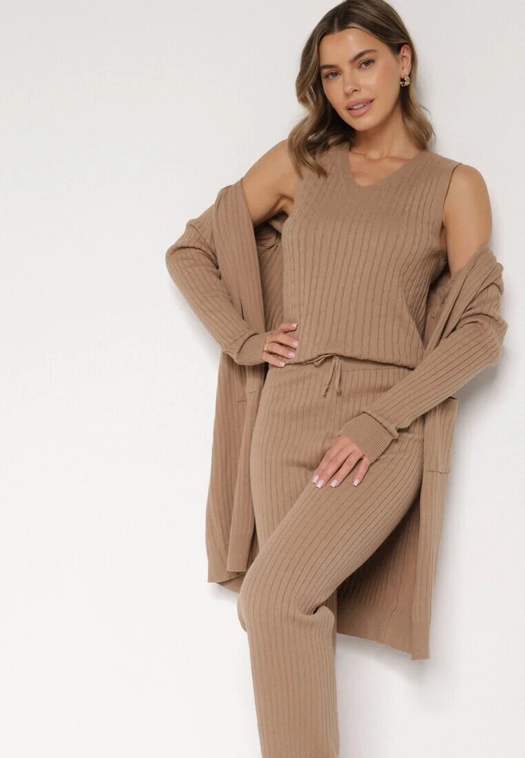 j&x Set Bej închis Tricotat cu Bumbac Pantaloni Vestă și Cardigan Lung Meviravia
