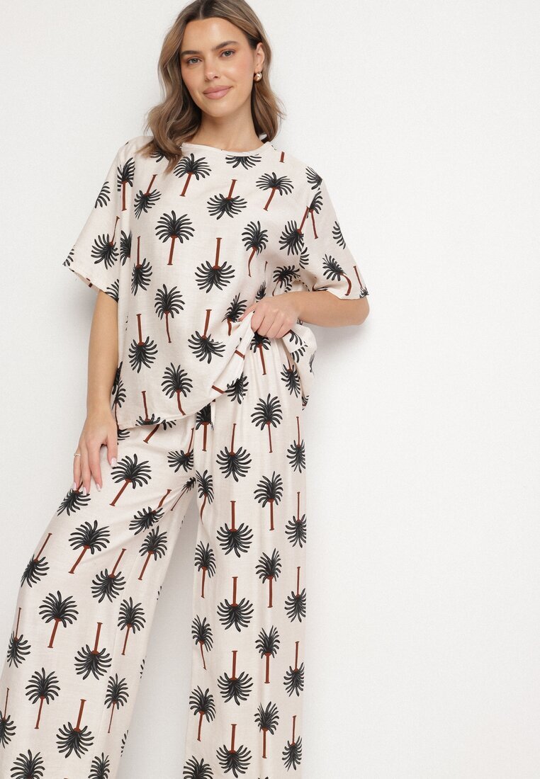j&x Set Bej-Negru din Viscoză cu Model cu Palmieri Pantaloni Largi și Tricou Zivendra