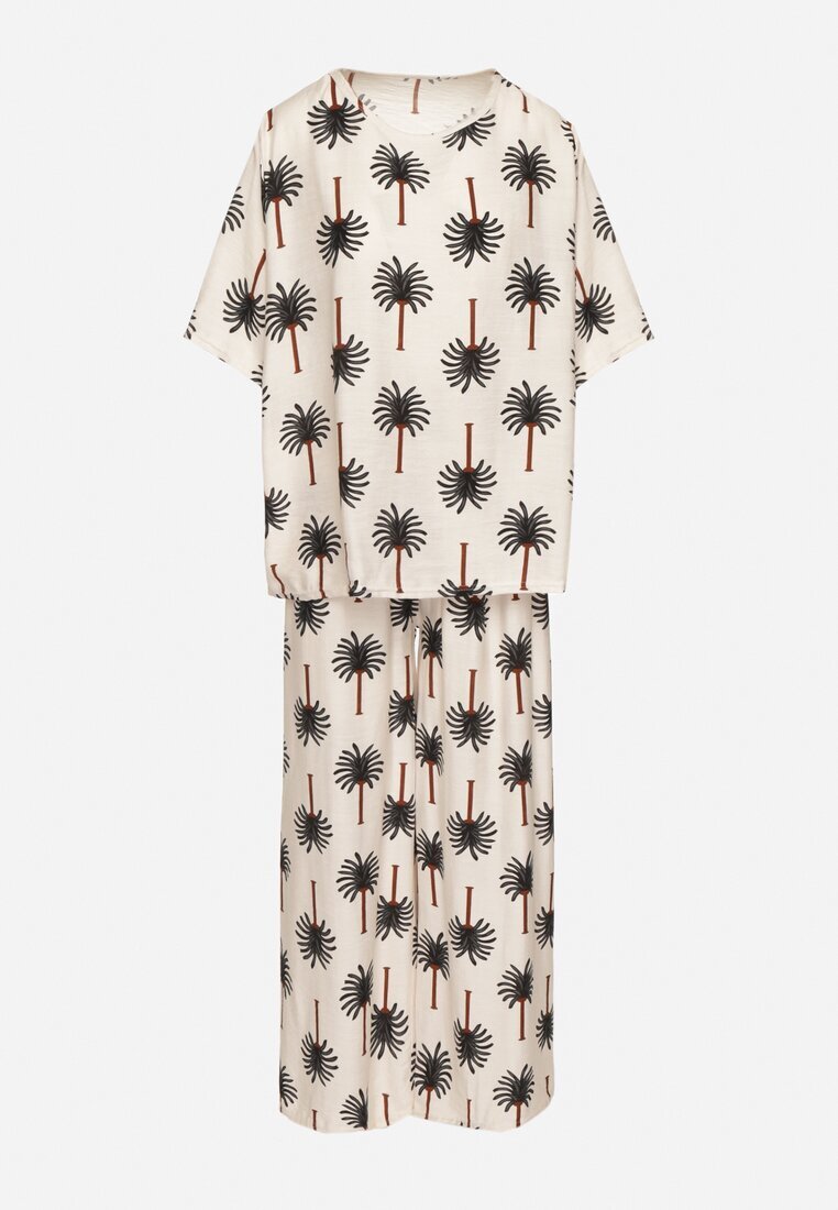 j&x Set Bej-Negru din Viscoză cu Model cu Palmieri Pantaloni Largi și Tricou Zivendra