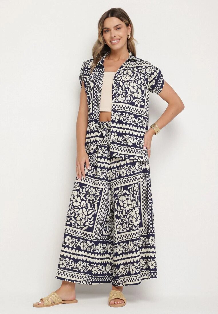 j&x Set Bleumarin cu Viscoză cu Motiv Floral Cămașă și Pantaloni Sonaniella
