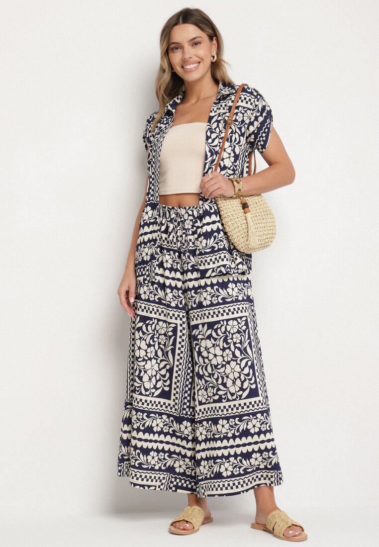 j&x Set Bleumarin cu Viscoză cu Motiv Floral Cămașă și Pantaloni Sonaniella