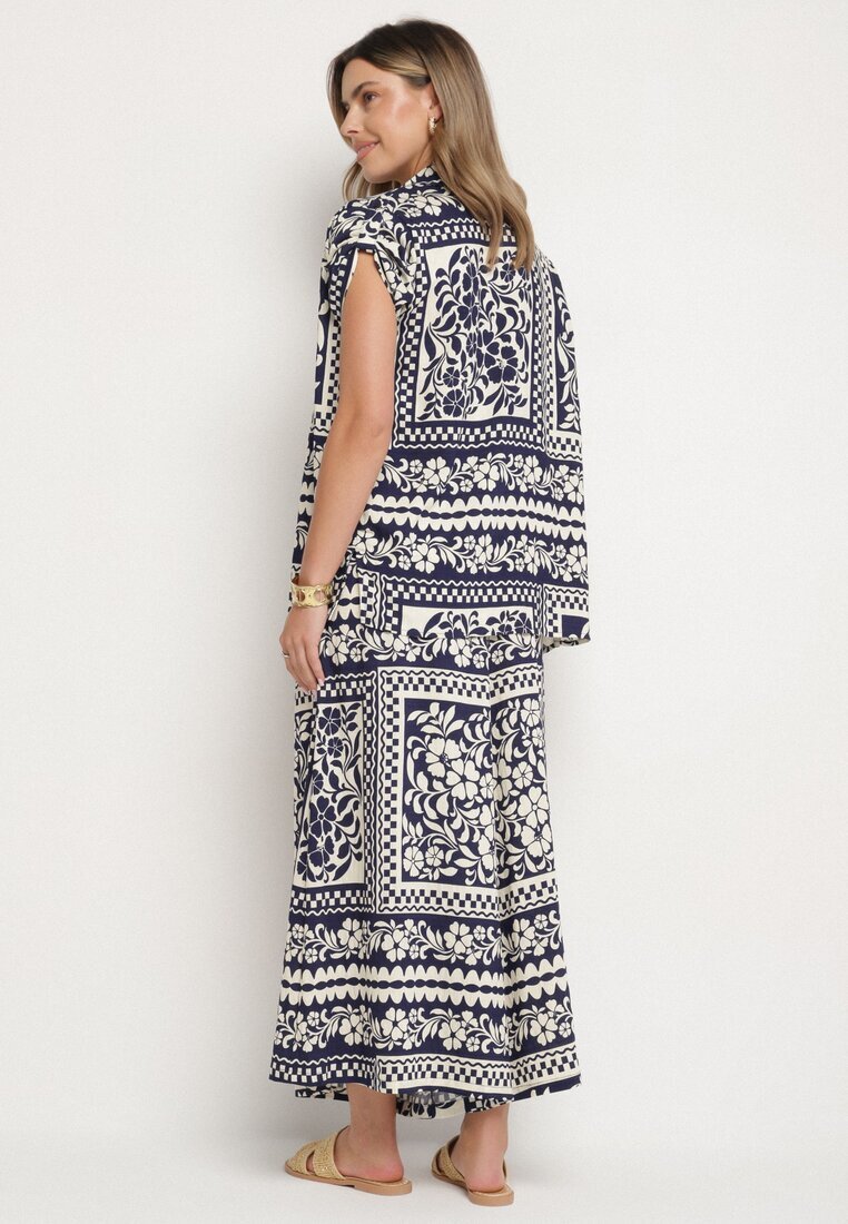 j&x Set Bleumarin cu Viscoză cu Motiv Floral Cămașă și Pantaloni Sonaniella