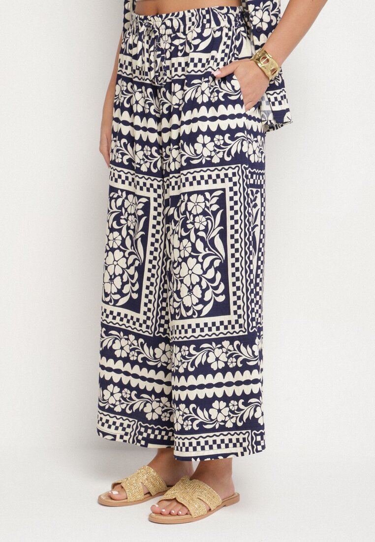 j&x Set Bleumarin cu Viscoză cu Motiv Floral Cămașă și Pantaloni Sonaniella