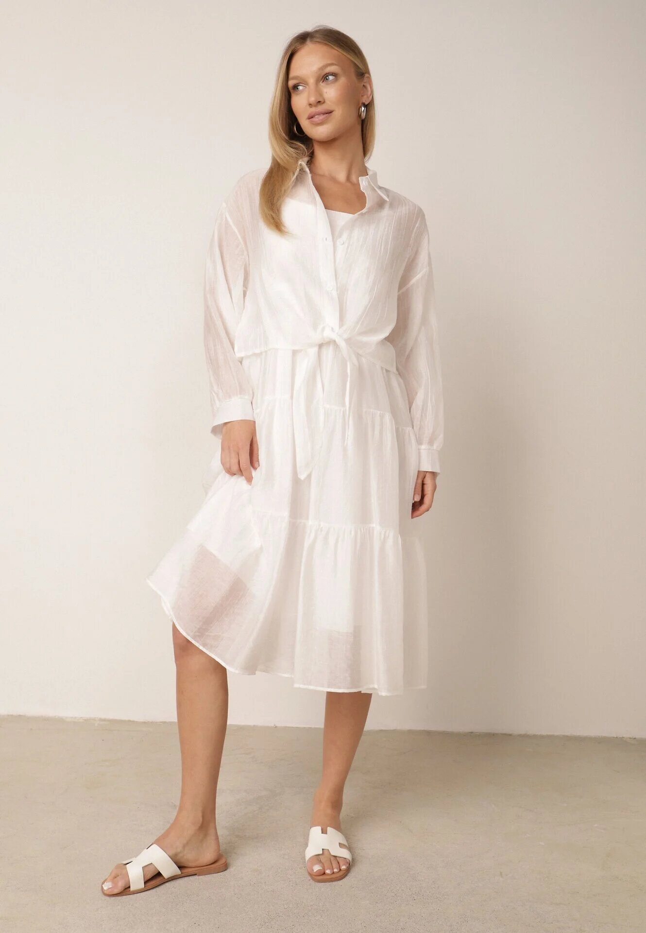 j&x Set de vară din Tencel cu rochie pe bretele și cămașă transparentă Thassa Alb