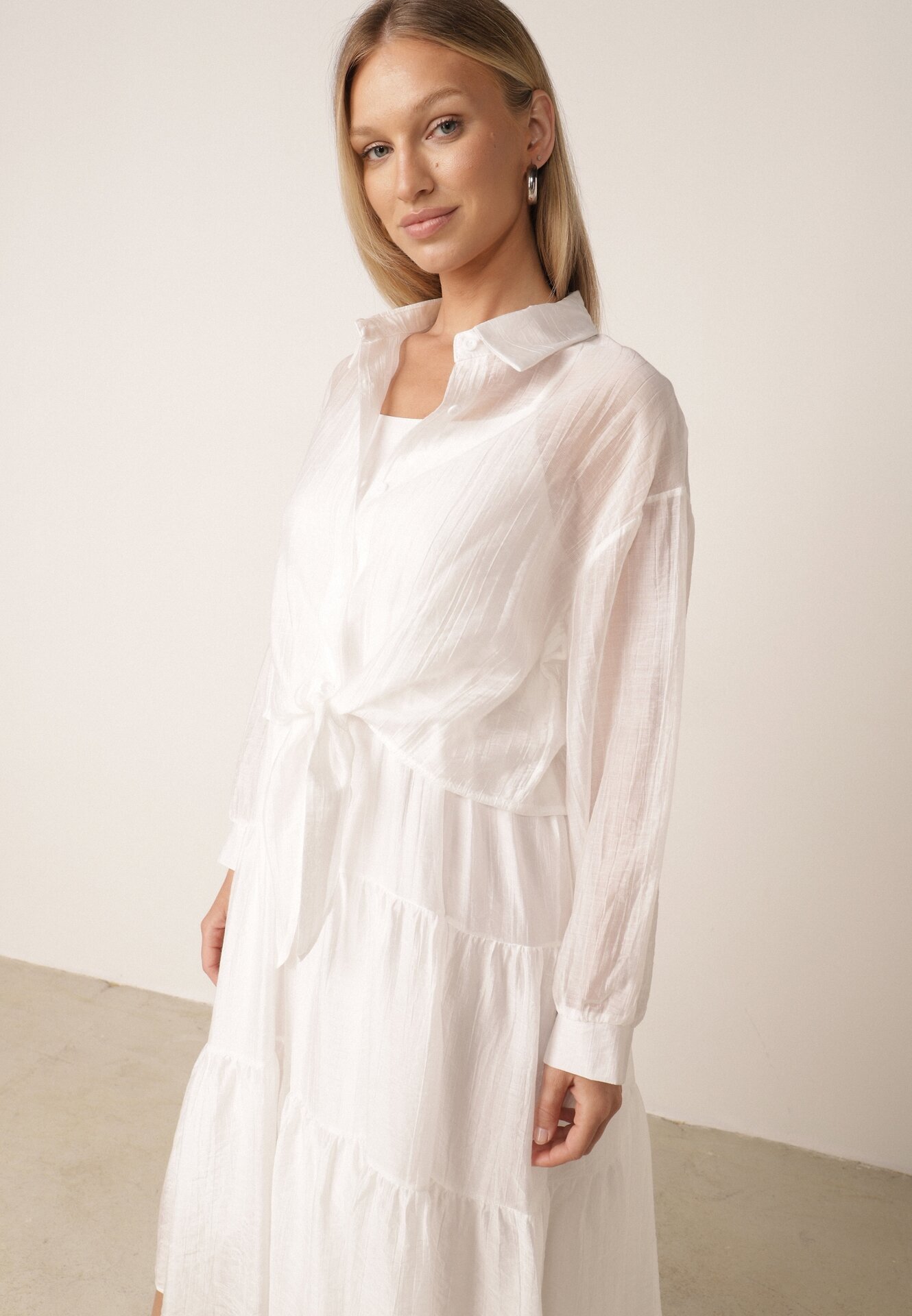 j&x Set de vară din Tencel cu rochie pe bretele și cămașă transparentă Thassa Alb