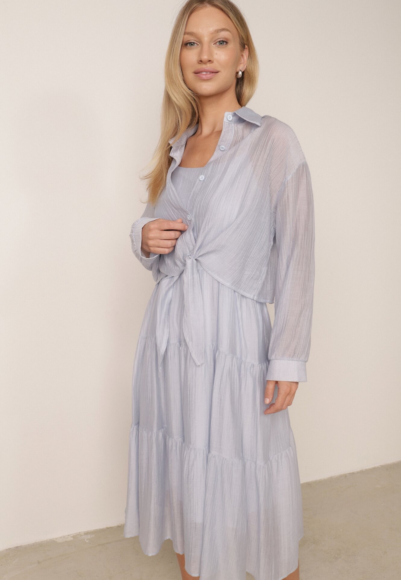 j&x Set de vară din Tencel cu rochie pe bretele și cămașă transparentă Thassa Albastru
