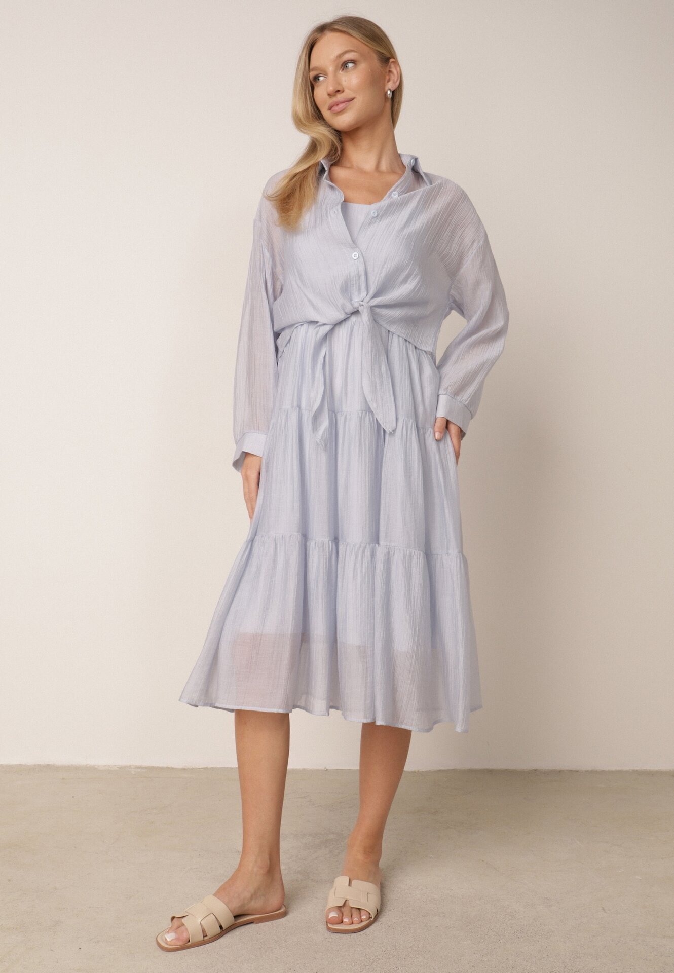 j&x Set de vară din Tencel cu rochie pe bretele și cămașă transparentă Thassa Albastru