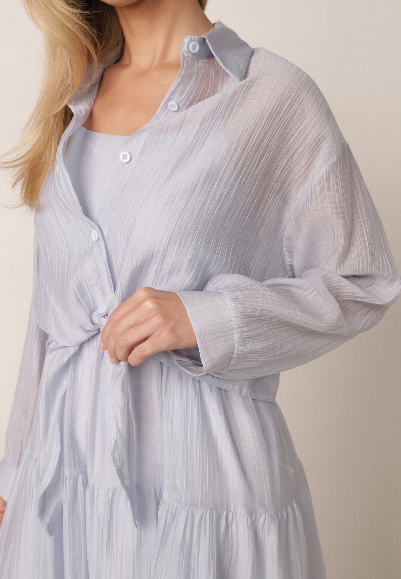 j&x Set de vară din Tencel cu rochie pe bretele și cămașă transparentă Thassa Albastru