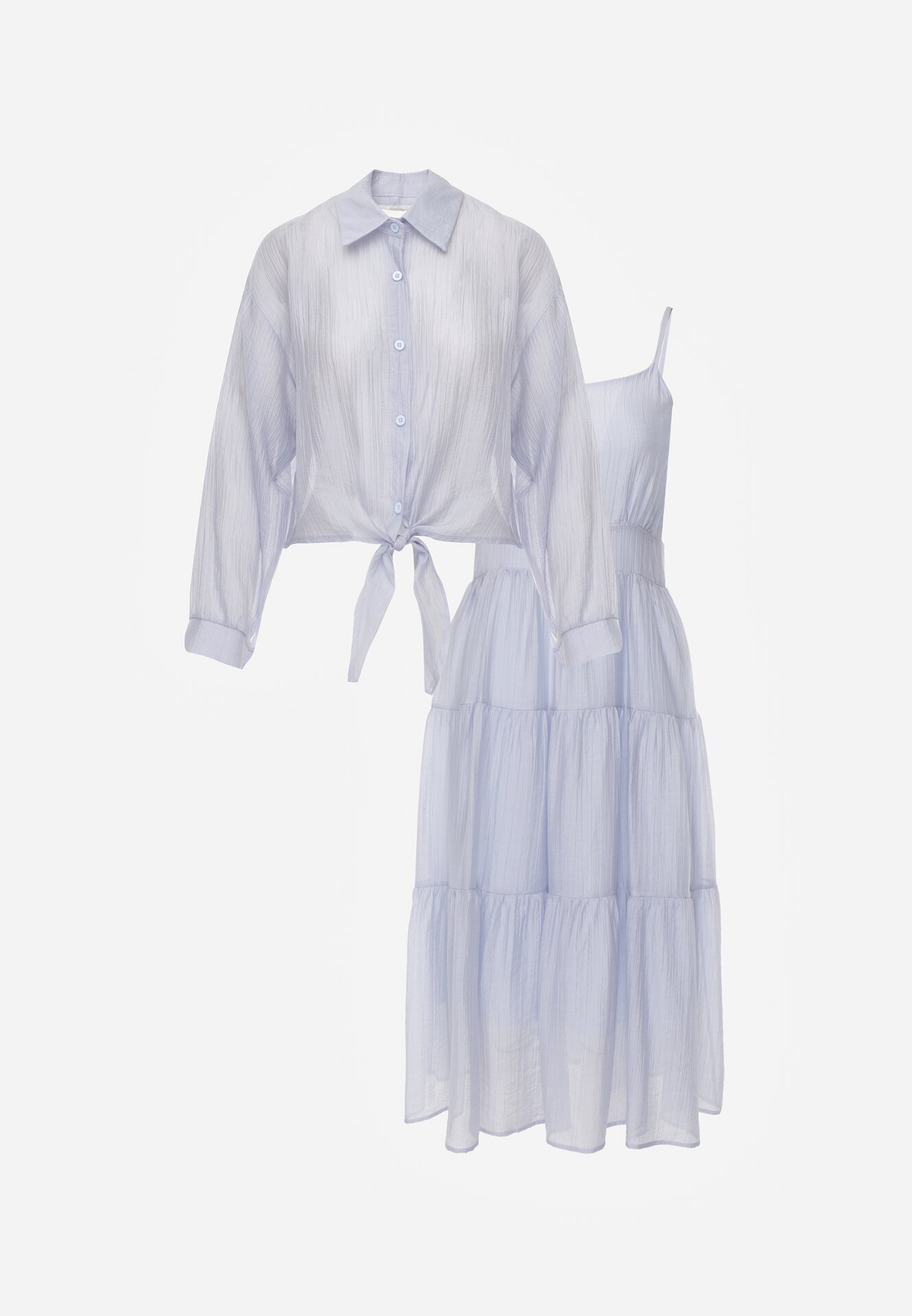 j&x Set de vară din Tencel cu rochie pe bretele și cămașă transparentă Thassa Albastru