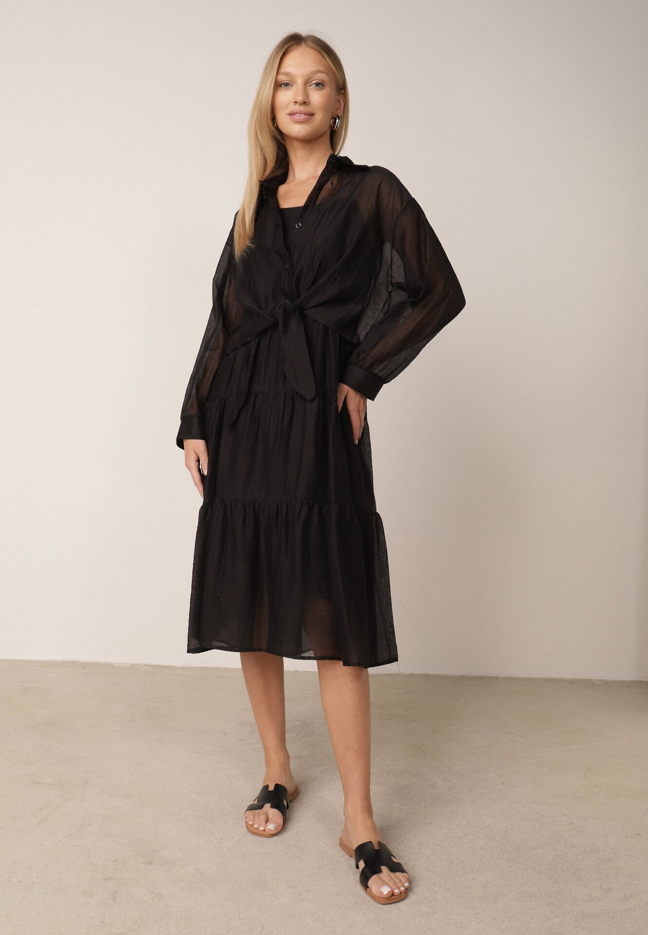 j&x Set de vară din Tencel cu rochie pe bretele și cămașă transparentă Thassa Negru