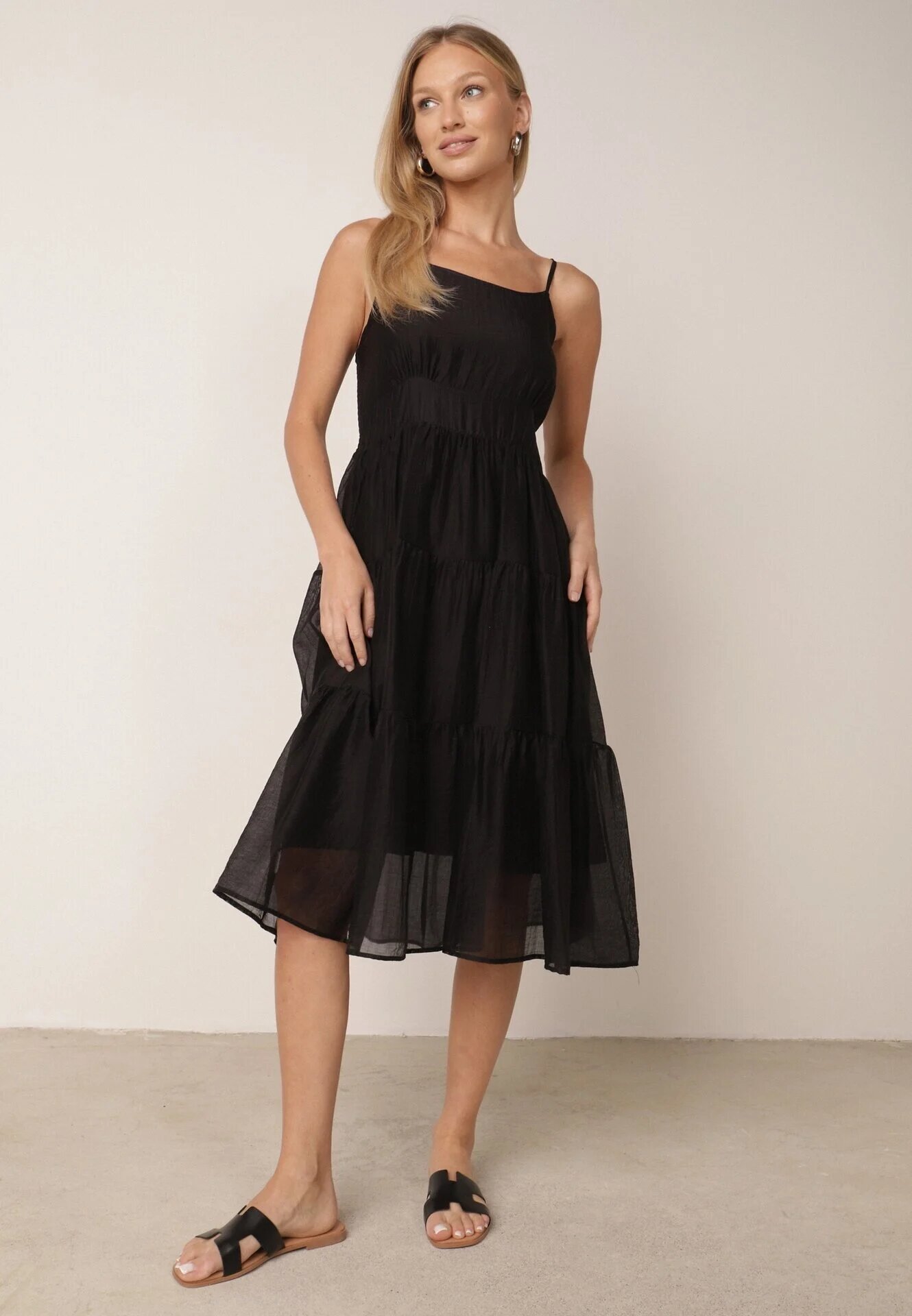 j&x Set de vară din Tencel cu rochie pe bretele și cămașă transparentă Thassa Negru