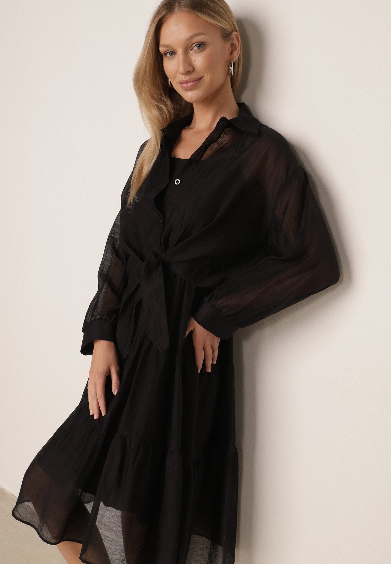 j&x Set de vară din Tencel cu rochie pe bretele și cămașă transparentă Thassa Negru