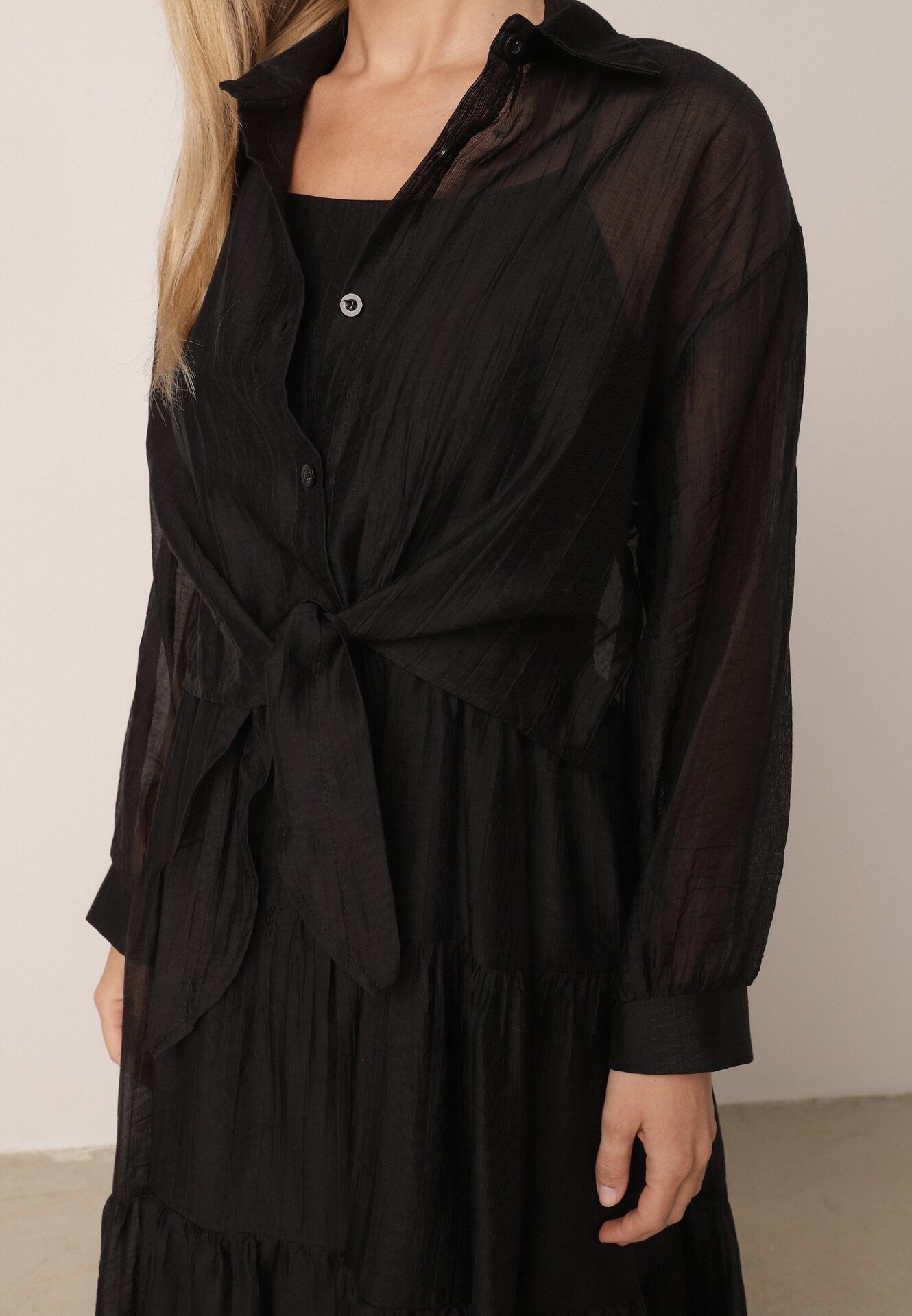 j&x Set de vară din Tencel cu rochie pe bretele și cămașă transparentă Thassa Negru