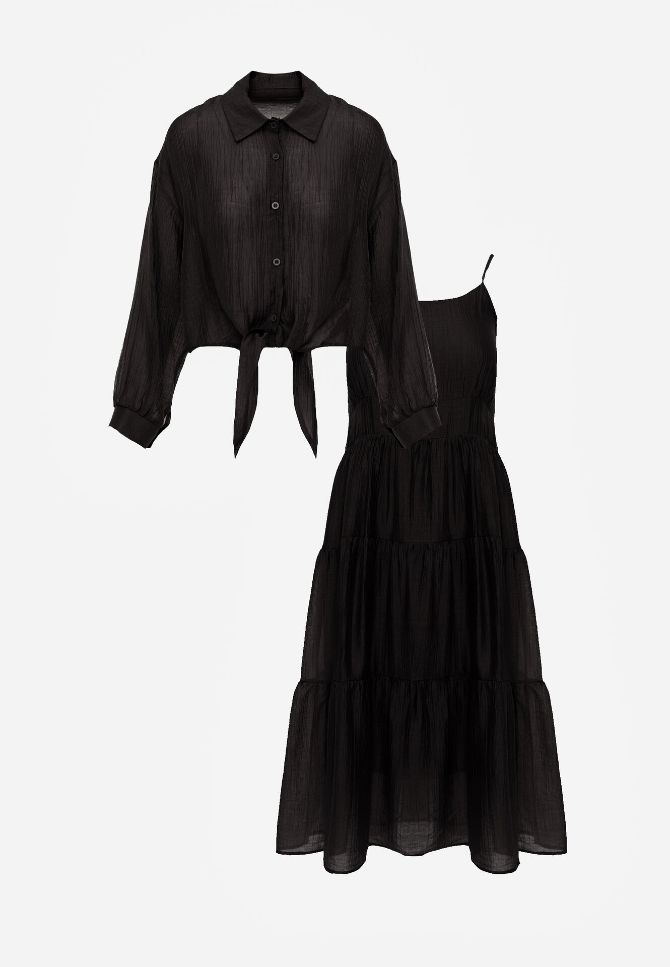j&x Set de vară din Tencel cu rochie pe bretele și cămașă transparentă Thassa Negru