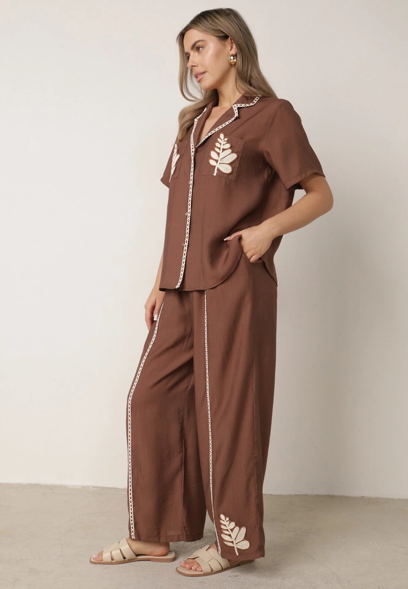 j&x Set de vară din viscoză cămașă și pantaloni cu aplicații croșetate Prisesa Maro