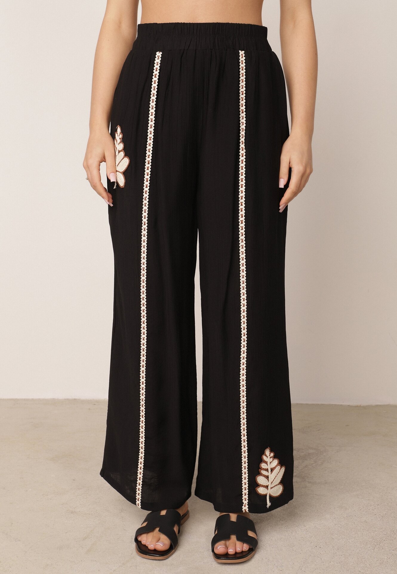 j&x Set de vară din viscoză cămașă și pantaloni cu aplicații croșetate Prisesa Negru