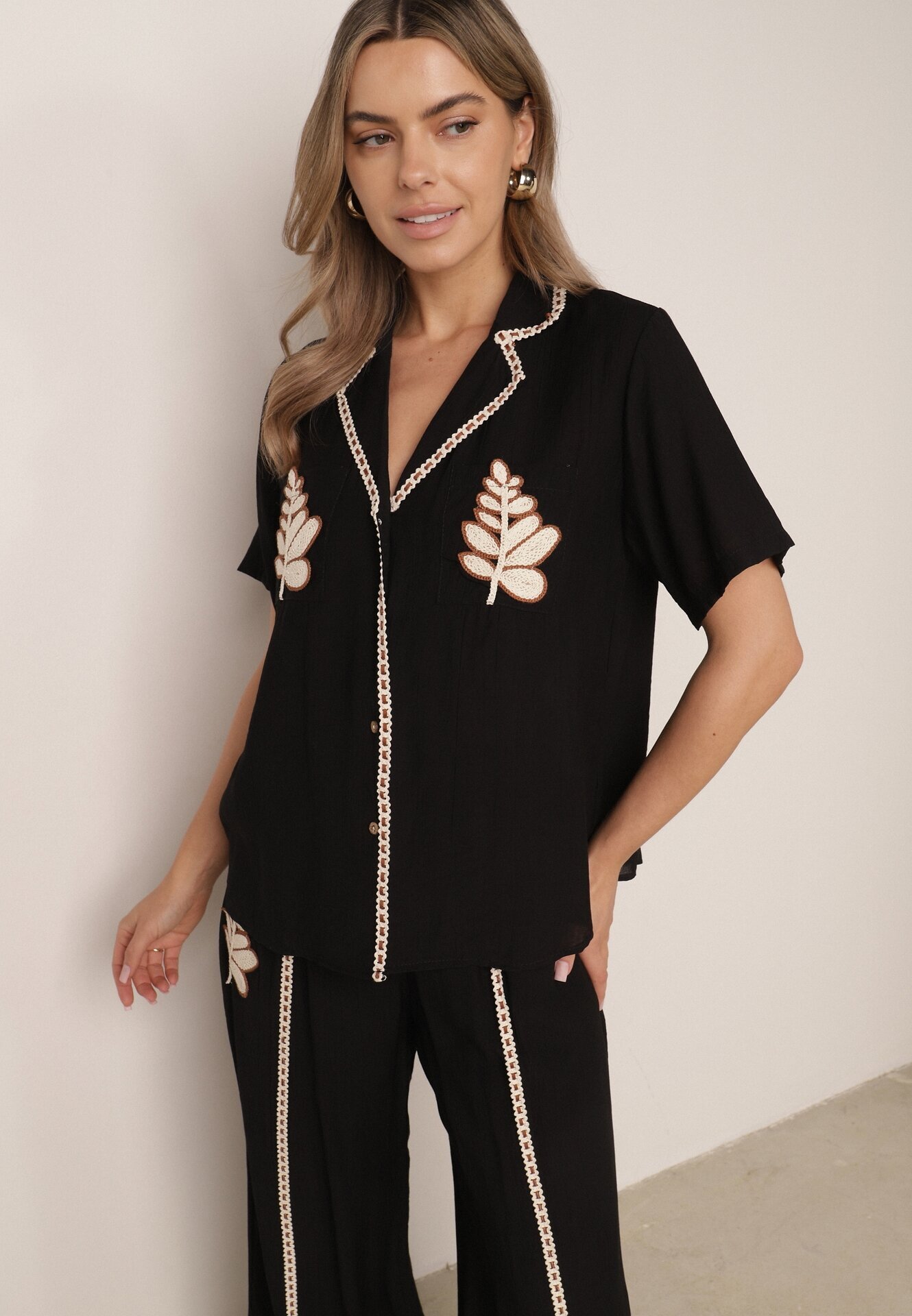 j&x Set de vară din viscoză cămașă și pantaloni cu aplicații croșetate Prisesa Negru