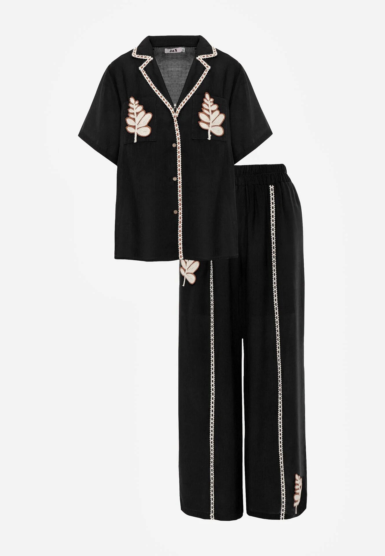 j&x Set de vară din viscoză cămașă și pantaloni cu aplicații croșetate Prisesa Negru
