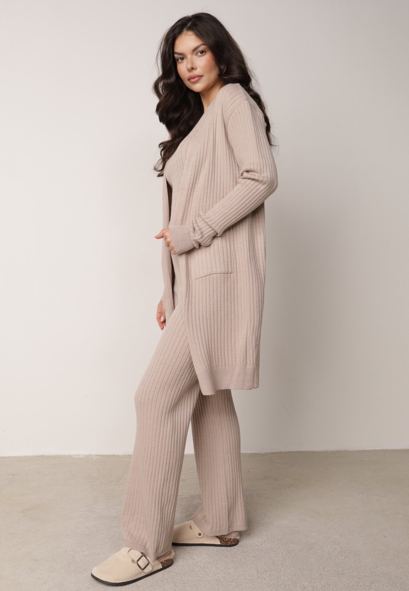 j&x Set din tricot cu bumbac 3 piese: cardigan pantaloni și vestă Vordelia Bej deschis