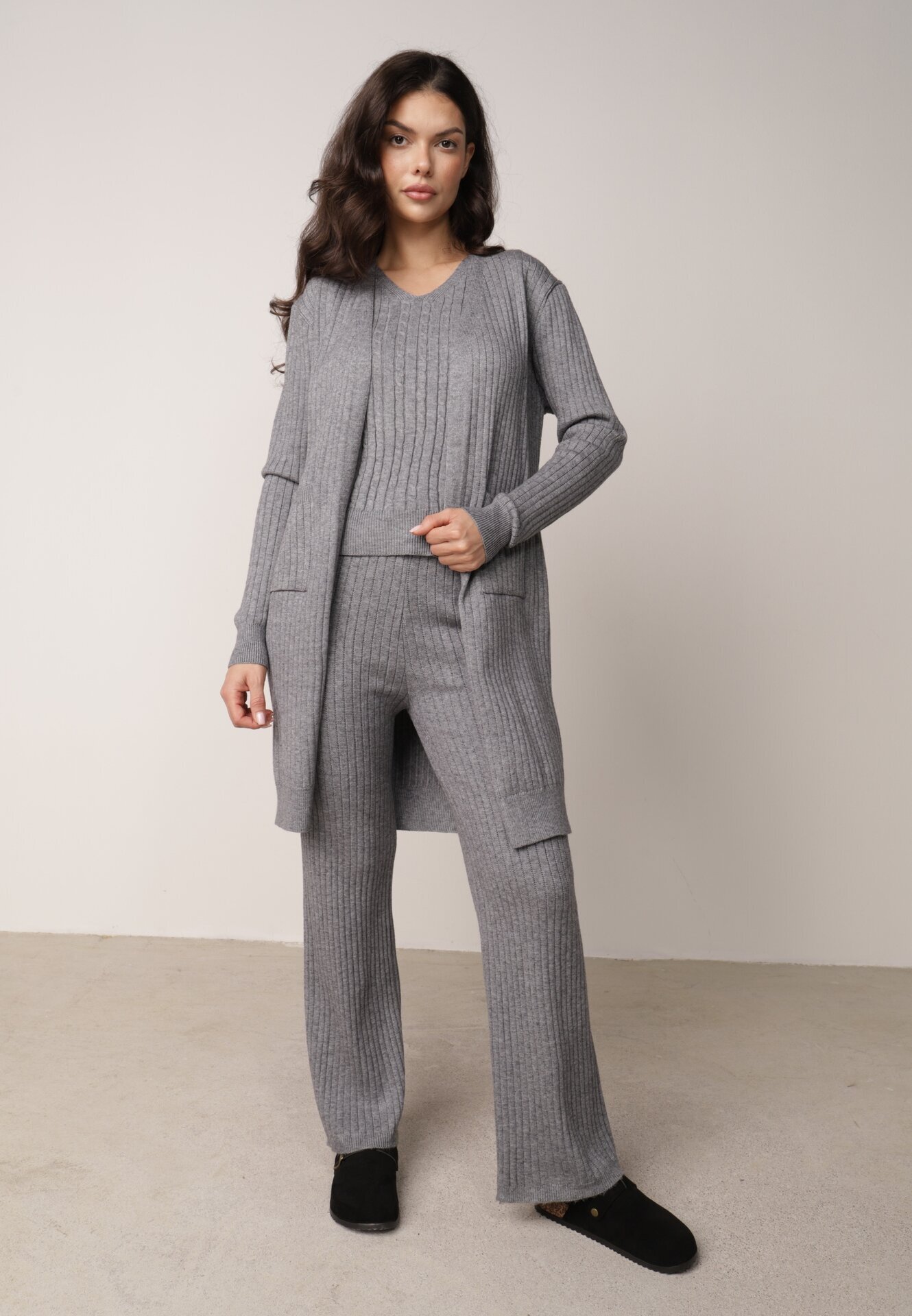 j&x Set din tricot cu bumbac 3 piese: cardigan pantaloni și vestă Vordelia Gri