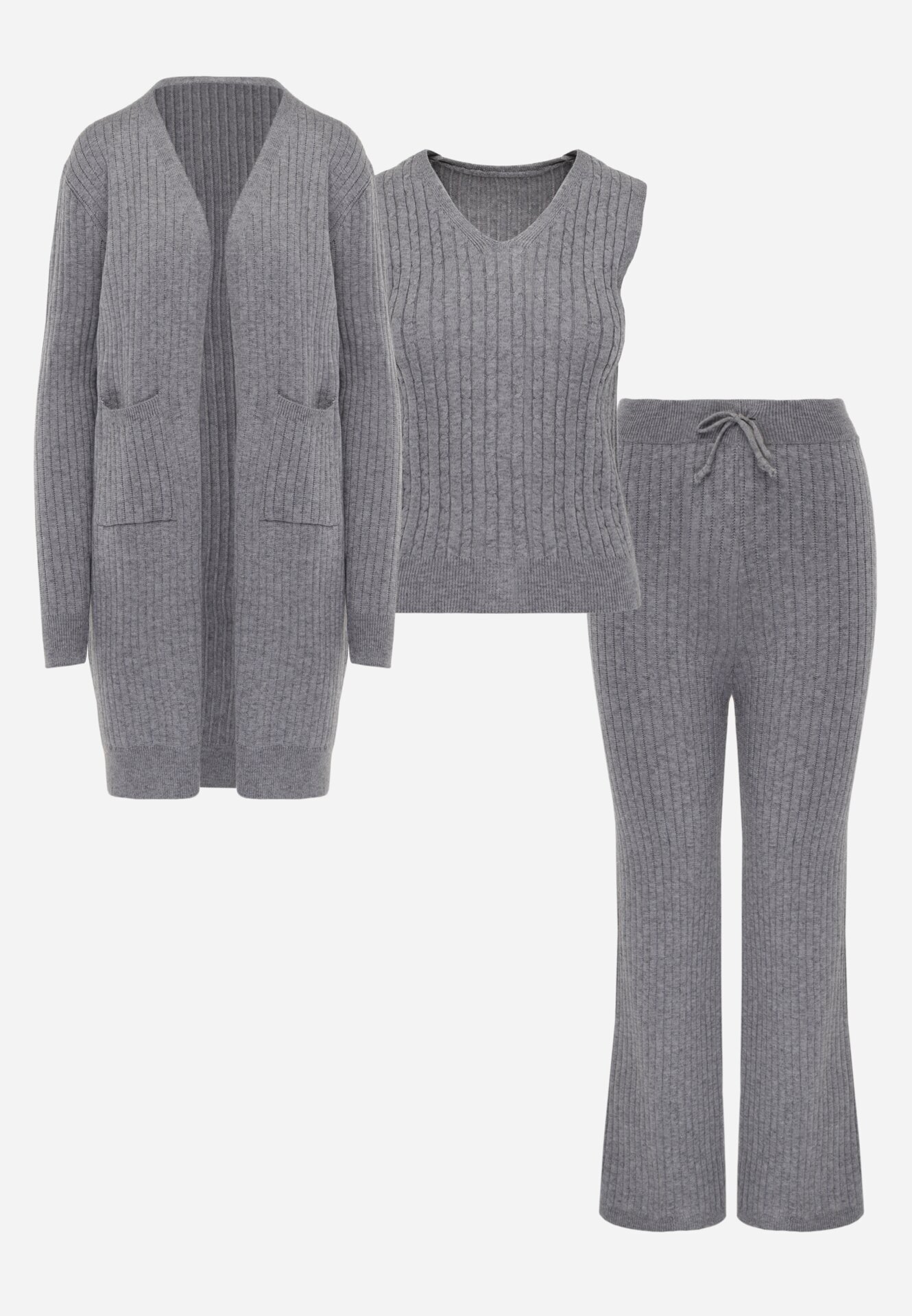 j&x Set din tricot cu bumbac 3 piese: cardigan pantaloni și vestă Vordelia Gri