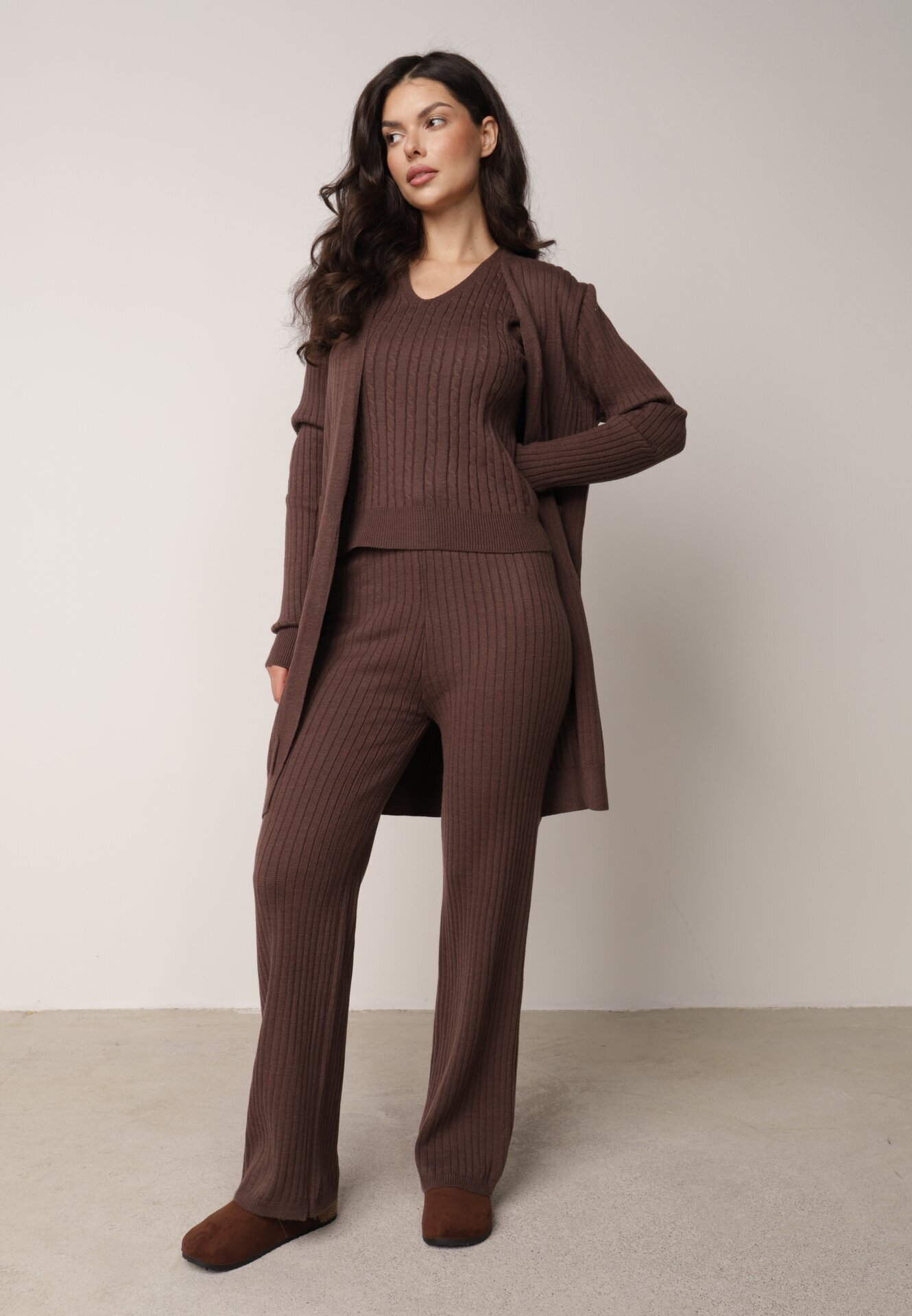 j&x Set din tricot cu bumbac 3 piese: cardigan pantaloni și vestă Vordelia Maro