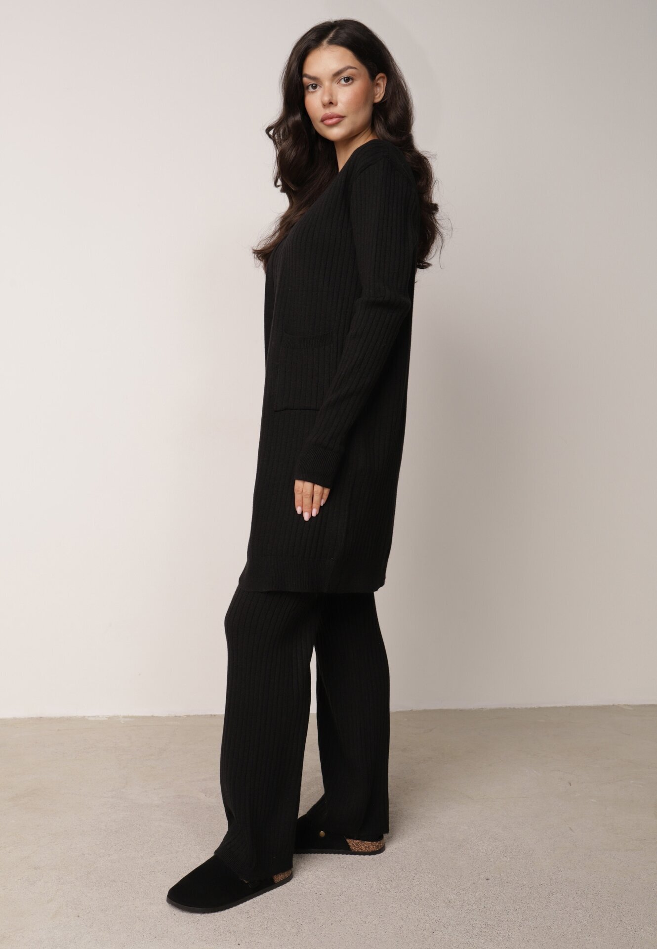 j&x Set din tricot cu bumbac 3 piese: cardigan pantaloni și vestă Vordelia Negru