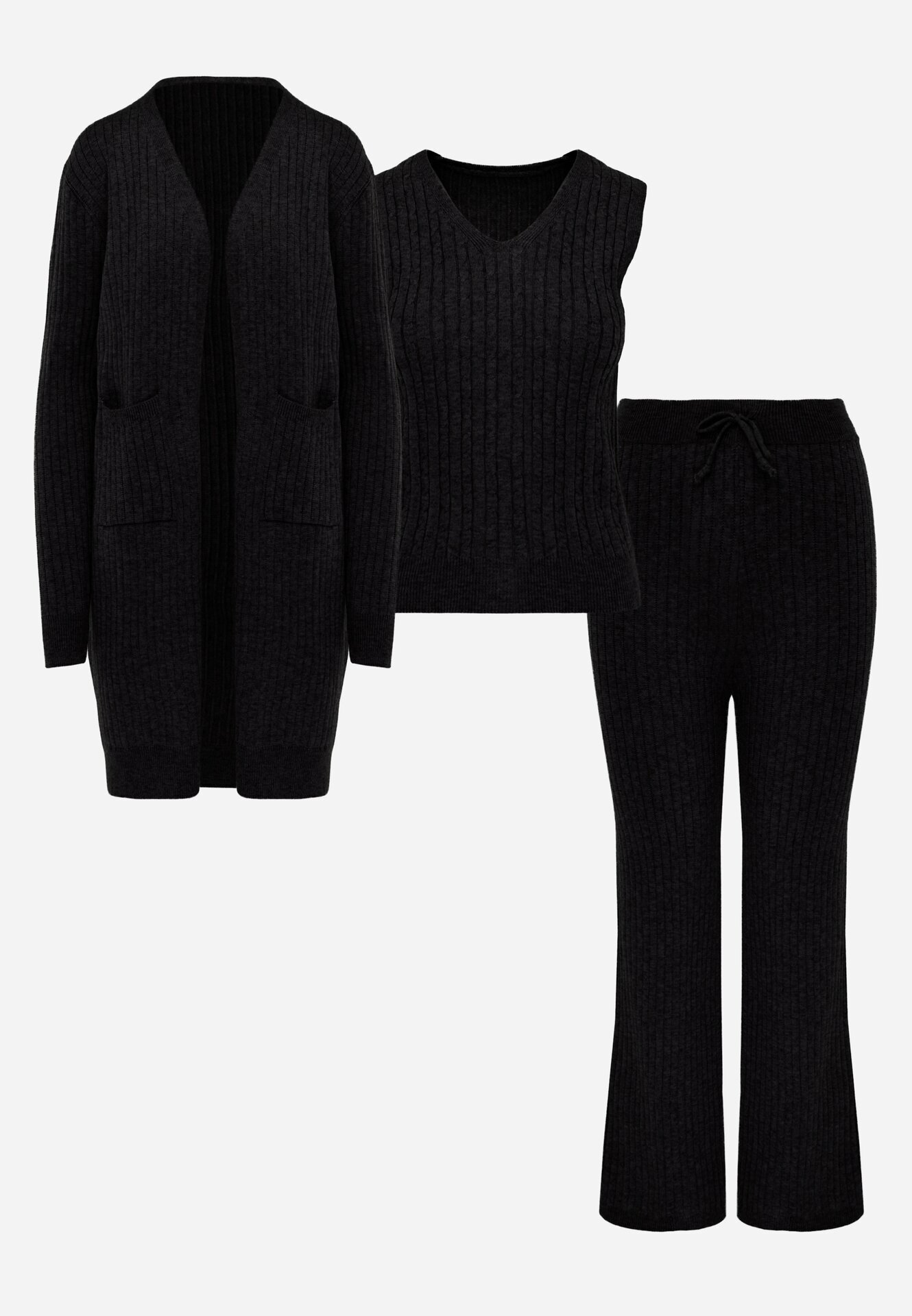 j&x Set din tricot cu bumbac 3 piese: cardigan pantaloni și vestă Vordelia Negru