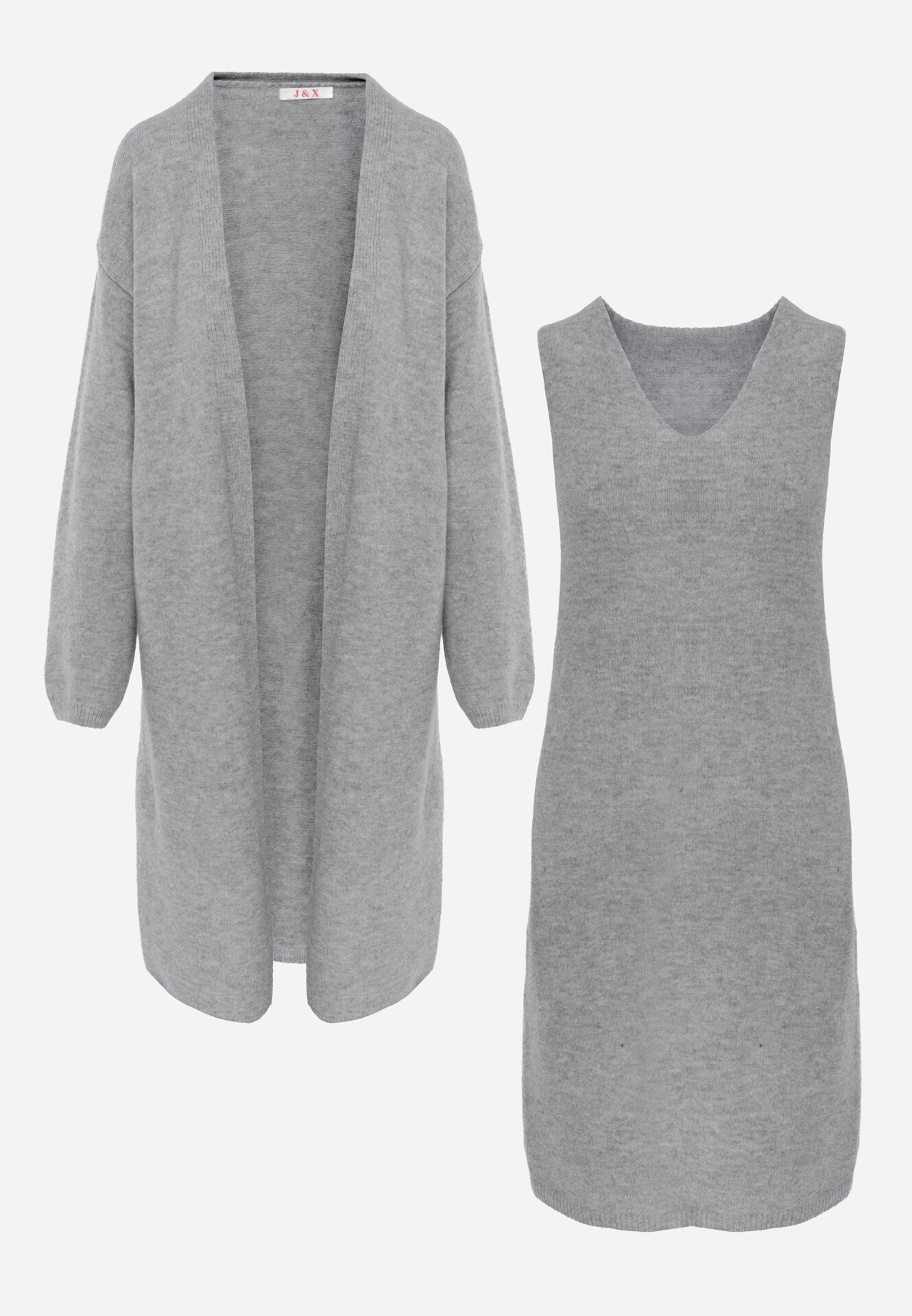 j&x Set din tricot cu bumbac și lână: cardigan și rochie dreaptă cu decolteu în V Ubroa Bej Gri deschis