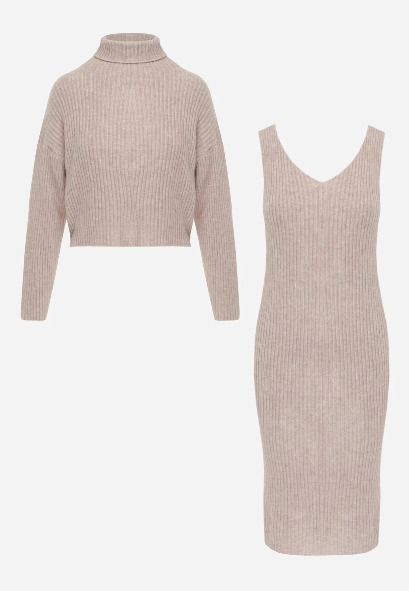 j&x Set din tricot cu dungi bumbac și lână asortat: rochie și cu guler înalt Miorra Bej închis