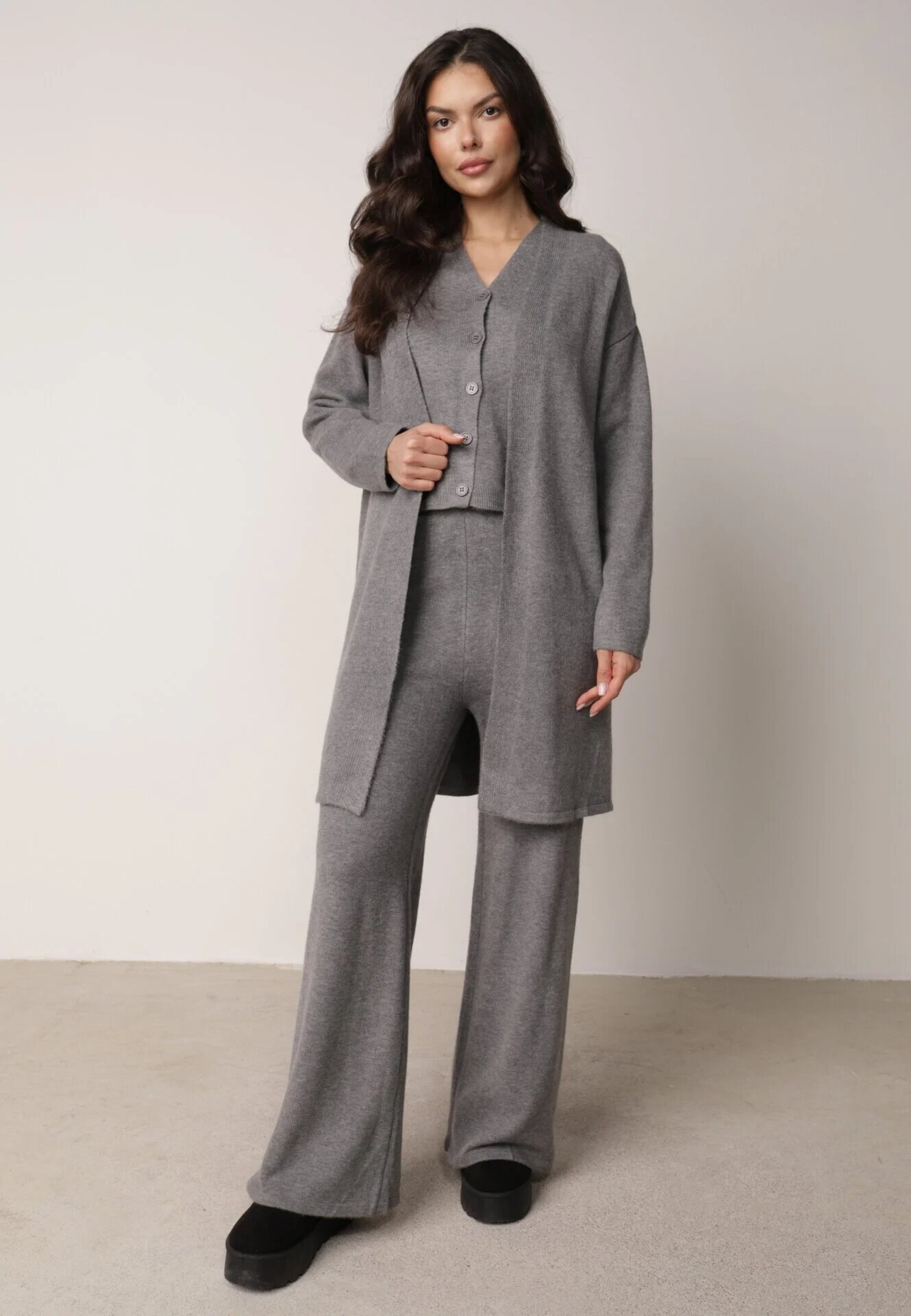 j&x Set din tricot cu lână și bumbac pantaloni cardigan și vestă Cardemia Gri