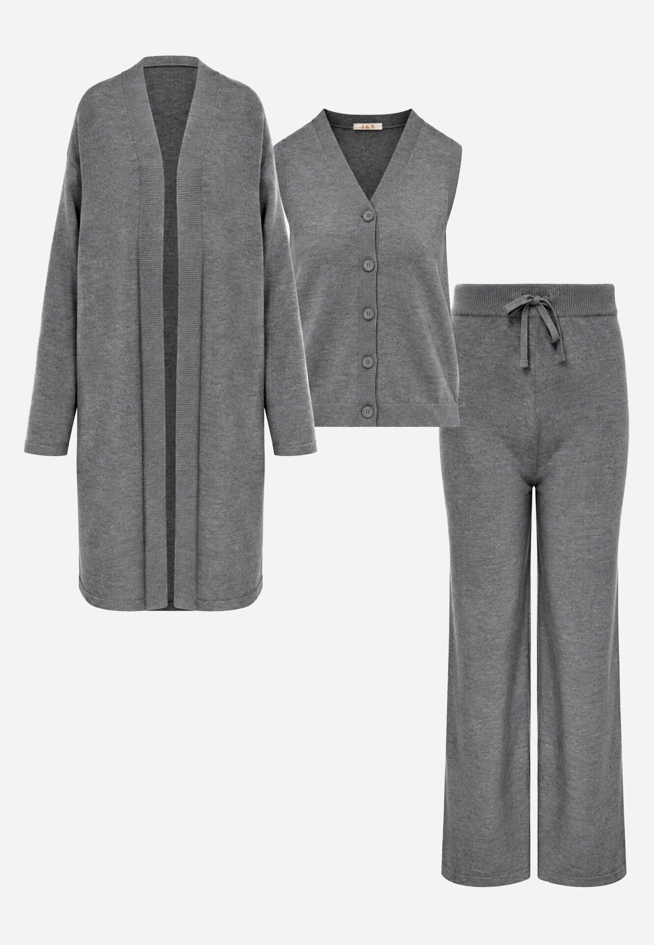 j&x Set din tricot cu lână și bumbac pantaloni cardigan și vestă Cardemia Gri