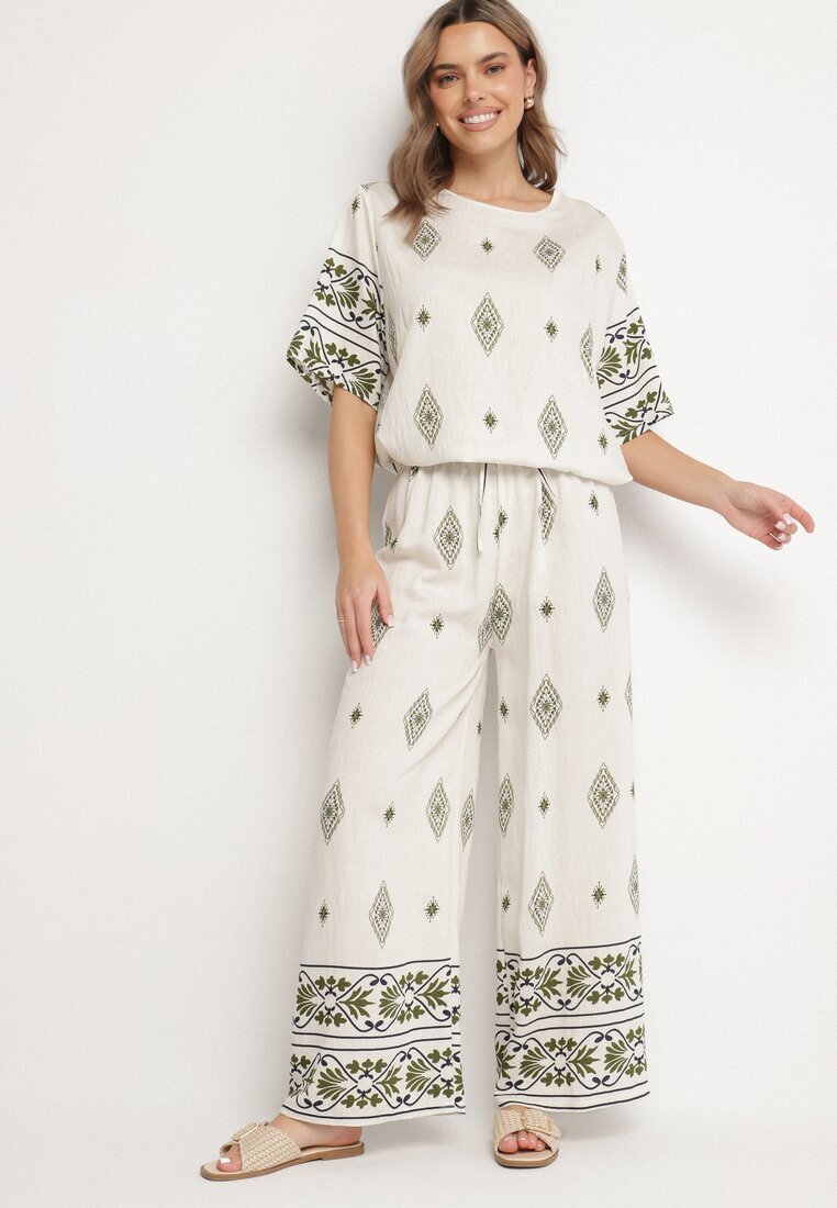 j&x Set din viscoză bej și verde închis în Stil Boho cu Pantaloni largi și Bluză tricou Sarilorae