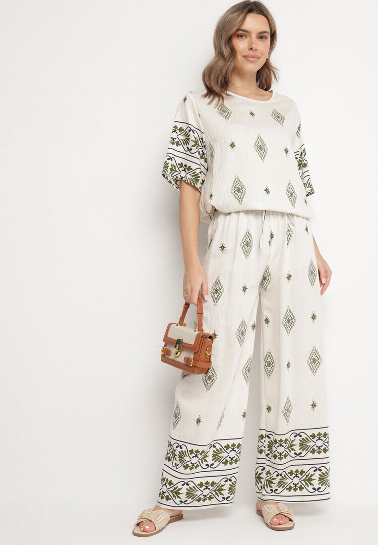 j&x Set din viscoză bej și verde închis în Stil Boho cu Pantaloni largi și Bluză tricou Sarilorae