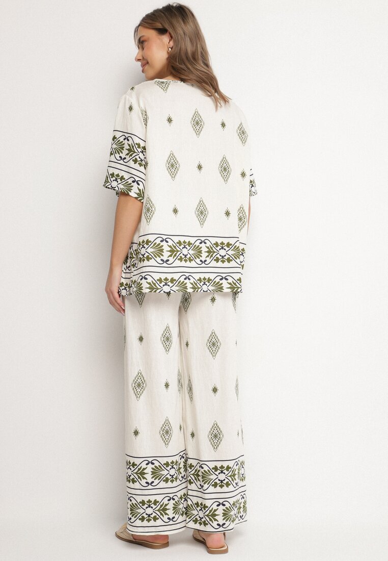 j&x Set din viscoză bej și verde închis în Stil Boho cu Pantaloni largi și Bluză tricou Sarilorae