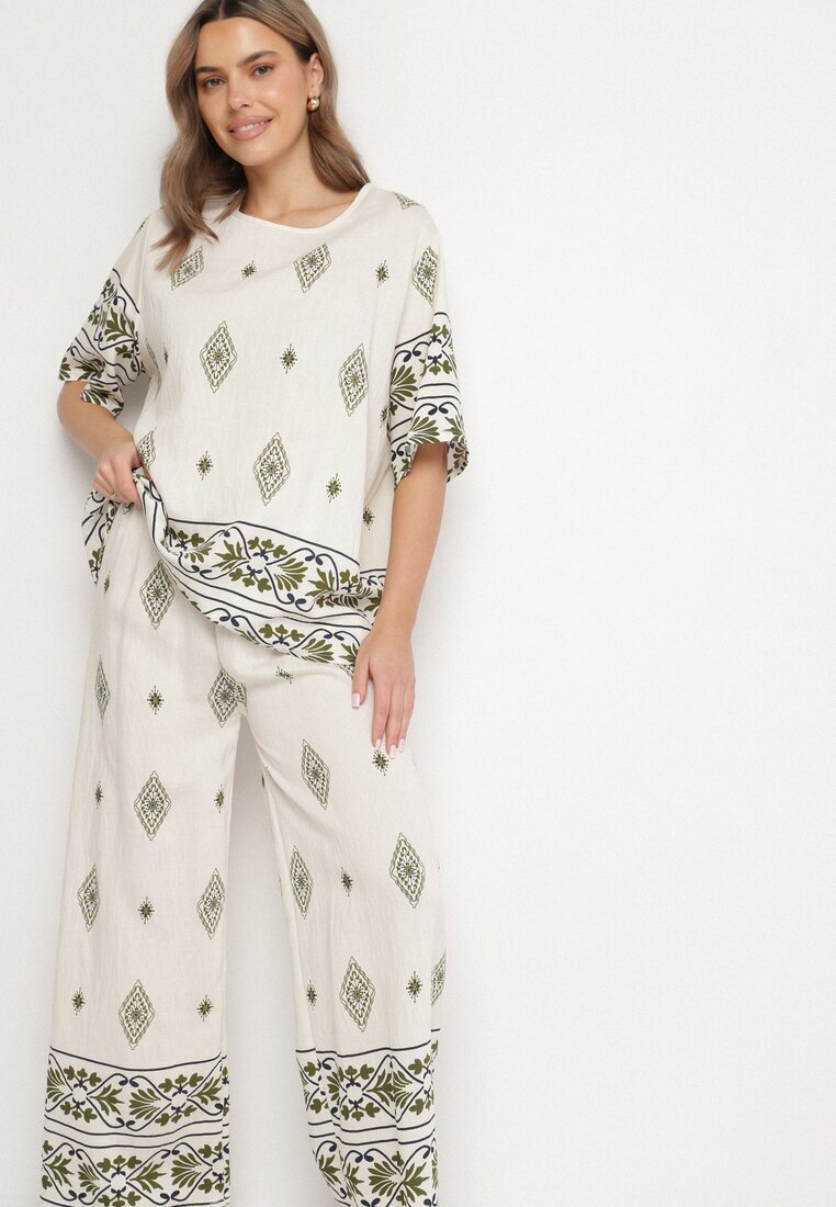 j&x Set din viscoză bej și verde închis în Stil Boho cu Pantaloni largi și Bluză tricou Sarilorae